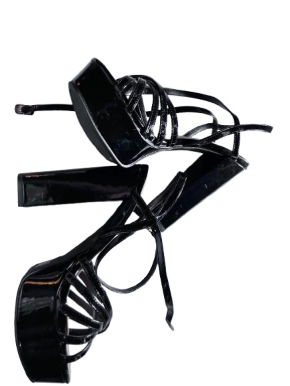 BAMBOO Black Patent Strappy Platform Block Heels - Picture 2 of 7